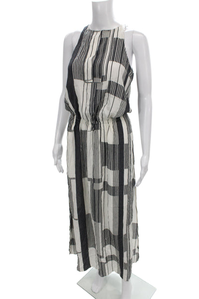 Club Monaco Women Maxi Dress Black Silk High Neck Sleeveless Striped Size 0