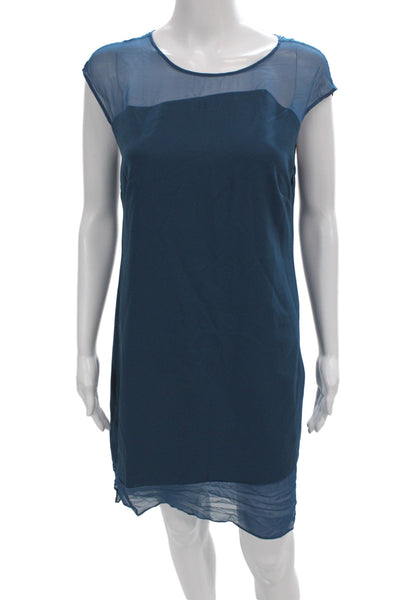 Parker Women Shift Dress Blue Sleeveless Round Neck Short Polyester Size S