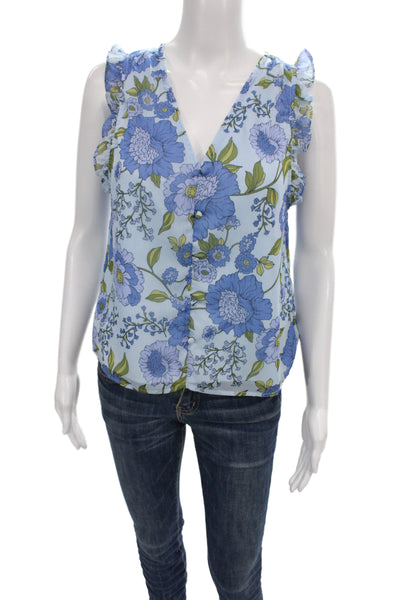 Steve Madden Women Blue Floral V-Neck Sleeveless Basic Blouse Size S