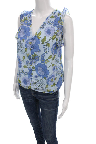 Steve Madden Women Blue Floral V-Neck Sleeveless Basic Blouse Size S