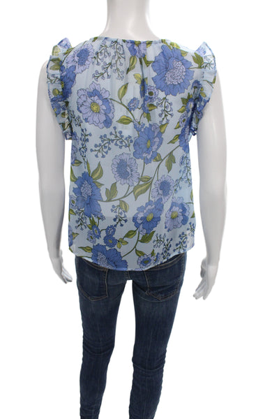 Steve Madden Women Blue Floral V-Neck Sleeveless Basic Blouse Size S