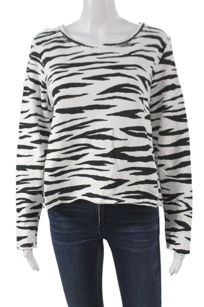 525 Women Cropped T-Shirt Black Cotton Animal Print Long Sleeve Size M