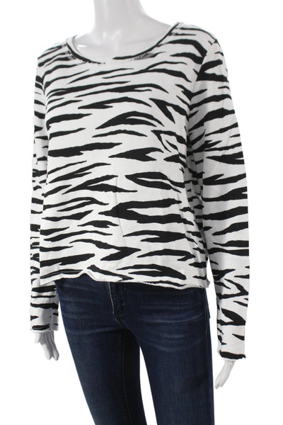 525 Women Cropped T-Shirt Black Cotton Animal Print Long Sleeve Size M