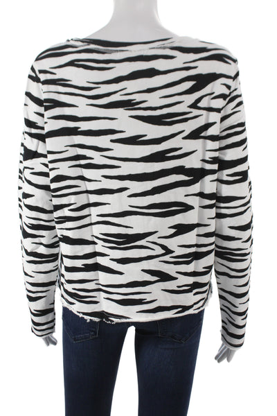 525 Women Cropped T-Shirt Black Cotton Animal Print Long Sleeve Size M