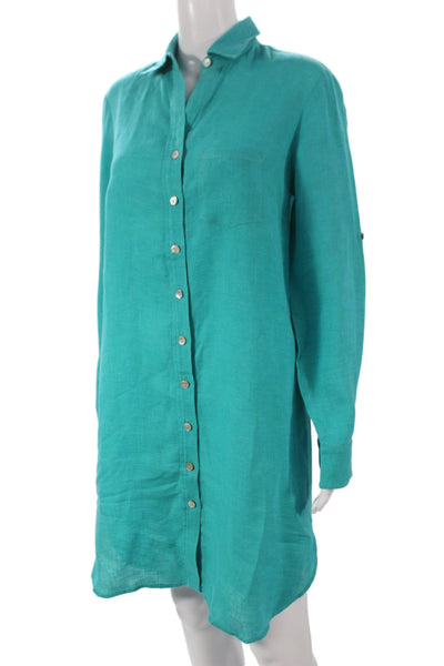 Finley Women Tunic Button-Up Linen Collared Long Sleeve Green Dress Size XS