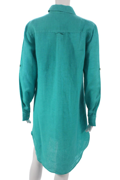 Finley Women Tunic Button-Up Linen Collared Long Sleeve Green Dress Size XS