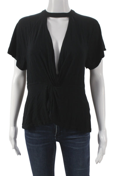 Free People Women Jersey V-Neck Black Short Sleeve T-Shirt Size M