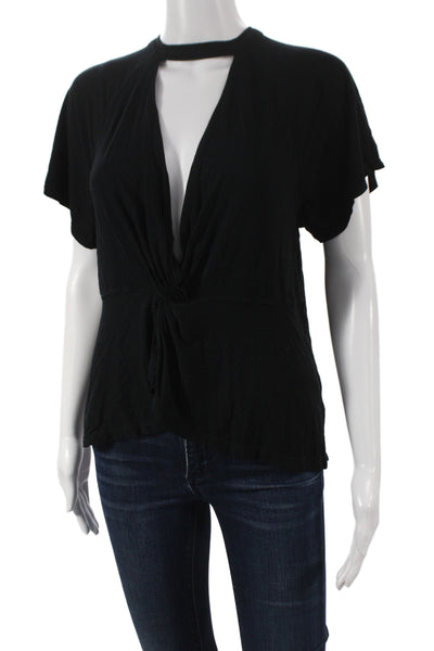 Free People Women Jersey V-Neck Black Short Sleeve T-Shirt Size M