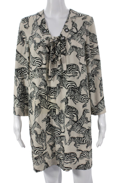 BCBGMAXAZRIA Women Beige Animal Print Shift Dress Long Sleeve V-Neck Size 2XS