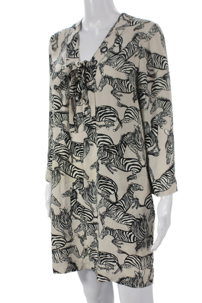 BCBGMAXAZRIA Women Beige Animal Print Shift Dress Long Sleeve V-Neck Size 2XS