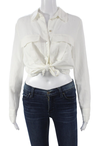 Zara Womens Cropped Button-Up White Collared Long Sleeve Solid Viscose Size S