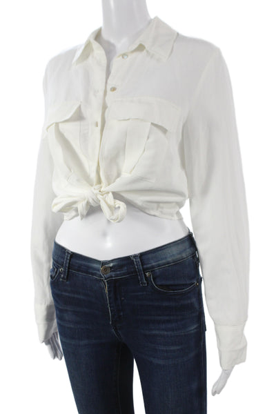 Zara Womens Cropped Button-Up White Collared Long Sleeve Solid Viscose Size S