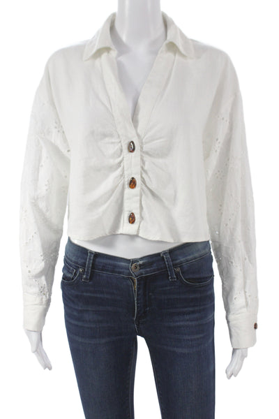 Zara Women Cropped Button Up Collared Long Sleeve White Cotton Top Boho Size M