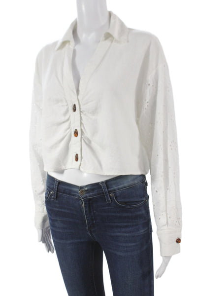 Zara Women Cropped Button Up Collared Long Sleeve White Cotton Top Boho Size M