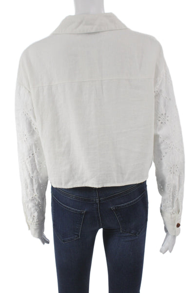 Zara Women Cropped Button Up Collared Long Sleeve White Cotton Top Boho Size M