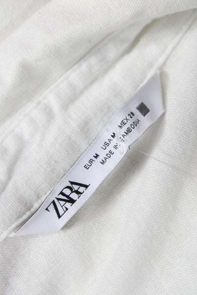 Zara Women Cropped Button Up Collared Long Sleeve White Cotton Top Boho Size M