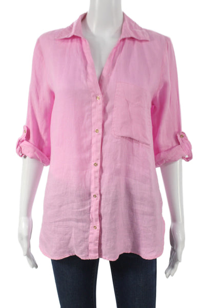Zara Women Basic Button-Up 100% Linen Collared Pink 3/4 Sleeve Size S