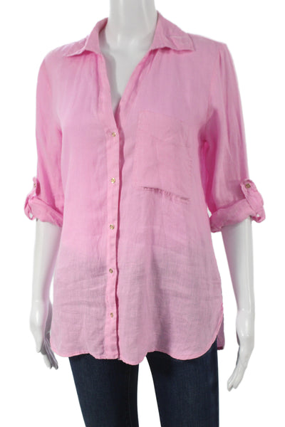 Zara Women Basic Button-Up 100% Linen Collared Pink 3/4 Sleeve Size S