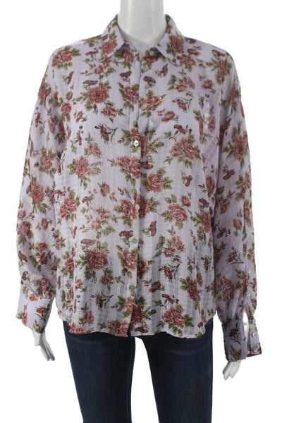 Zara Women Basic Floral Collared Button-Up Long Sleeve Purple Polyester Size S