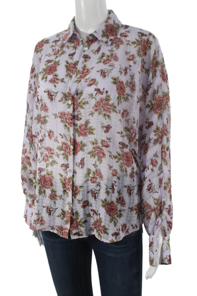 Zara Women Basic Floral Collared Button-Up Long Sleeve Purple Polyester Size S