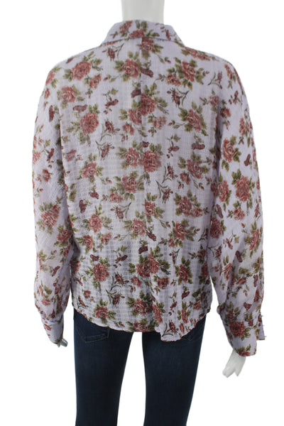 Zara Women Basic Floral Collared Button-Up Long Sleeve Purple Polyester Size S