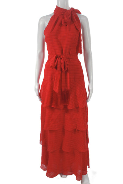 Whistles Womens Red Check Halter Maxi Dress Sleeveless Zip Boho Size 2