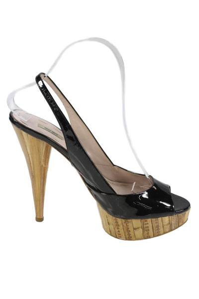 Miu Miu Womens Shiny Leather Platform Heels Slingbacks Shoes Black Size 8