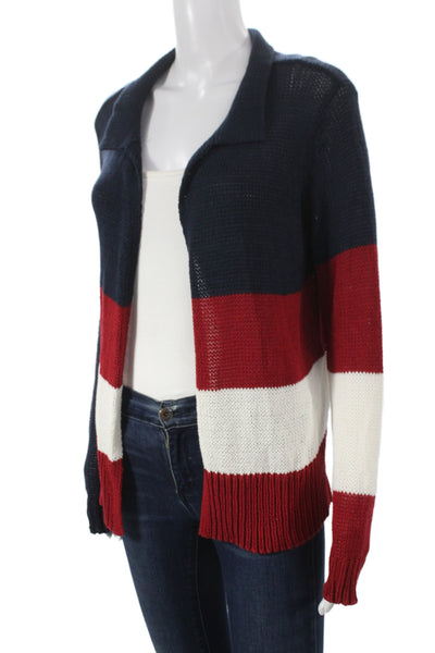 Wooden Ships Womens Blue Striped Nautical Collared Cardigan Long Sleeve Size S