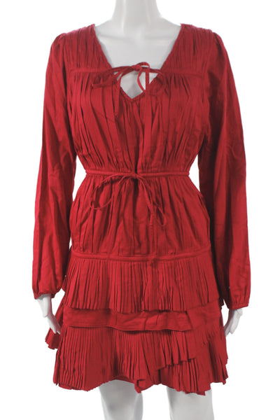 Love The Label Womens Mini Red V-Neck Long Sleeve Cotton Boho Tie Dress Size M