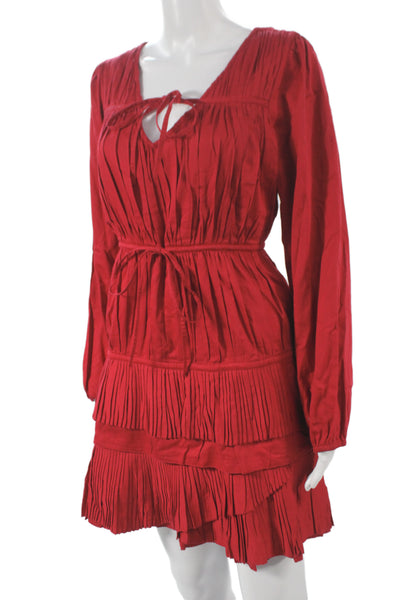 Love The Label Womens Mini Red V-Neck Long Sleeve Cotton Boho Tie Dress Size M