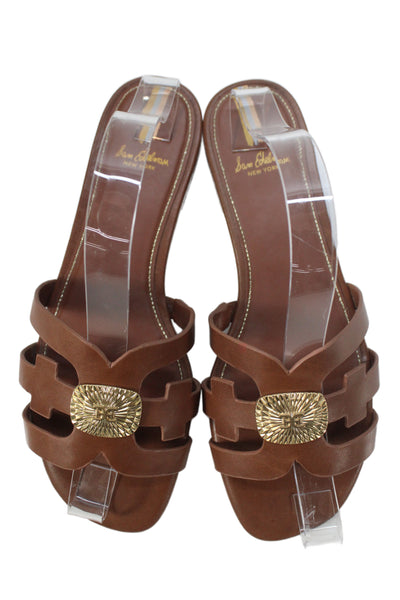 Sam Edelman Womens Metal Detail Strappy Slide Sandals Brown Leather Size 8