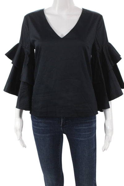 Badgley Mischka Women Tunic Black V-Neck 3/4 Sleeve Cotton Zip Elegant Size 1