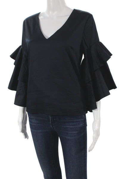 Badgley Mischka Women Tunic Black V-Neck 3/4 Sleeve Cotton Zip Elegant Size 1