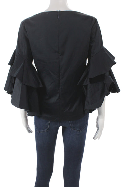 Badgley Mischka Women Tunic Black V-Neck 3/4 Sleeve Cotton Zip Elegant Size 1