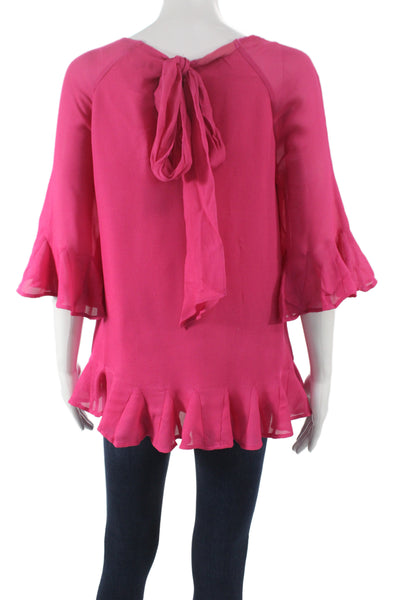 Badgley Mischka Womens Tunic Blouse Pink Scoop Neck 3/4 Sleeve Tie Size 4