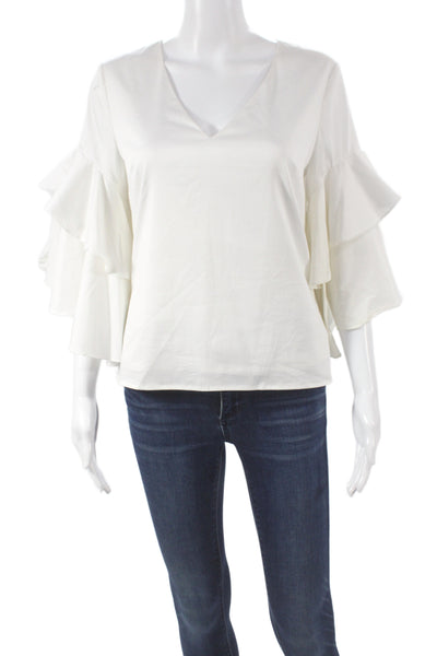 Badgley Mischka Women White V-Neck 3/4 Sleeve Cotton Blouse Zip Size 1
