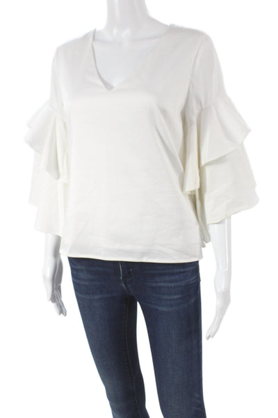 Badgley Mischka Women White V-Neck 3/4 Sleeve Cotton Blouse Zip Size 1