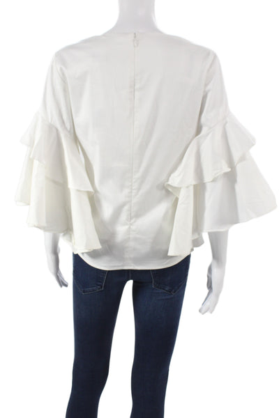 Badgley Mischka Women White V-Neck 3/4 Sleeve Cotton Blouse Zip Size 1