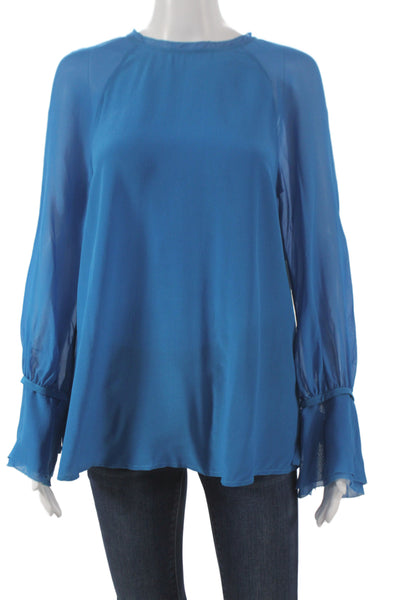 Badgley Mischka Womens Blue Silk Sandwash Blouse Long Sleeve Size M