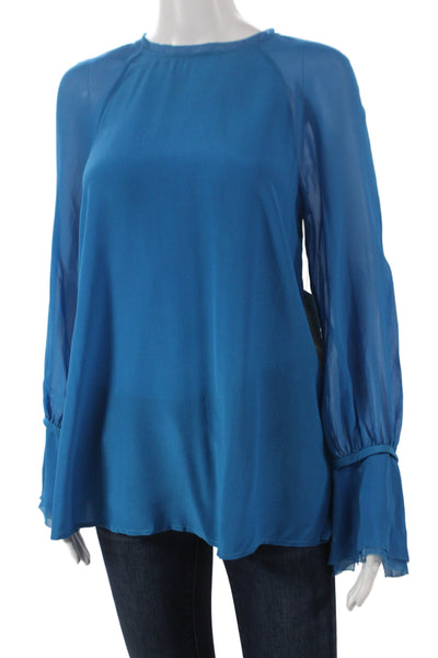 Badgley Mischka Womens Blue Silk Sandwash Blouse Long Sleeve Size M