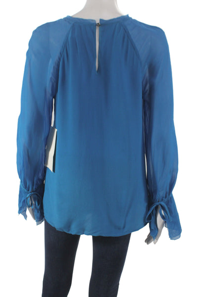 Badgley Mischka Womens Blue Silk Sandwash Blouse Long Sleeve Size M