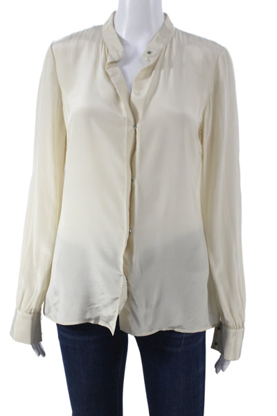 Badgley Mischka Women Silk Collared Button Long Sleeve Blouse Ivory Size M