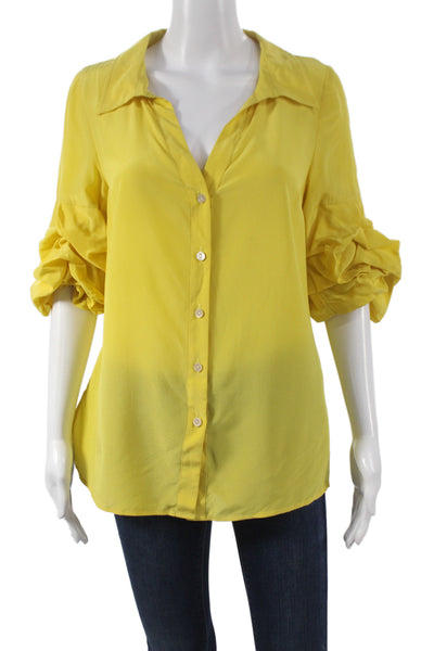 Badgley Mischka Women Silk Collared Button 3/4 Sleeve Blouse Yellow Size 4
