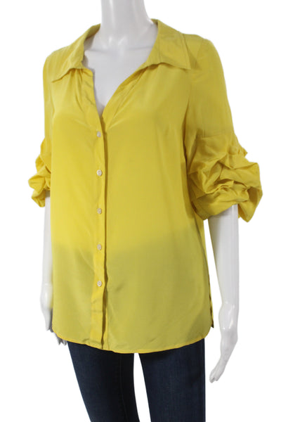 Badgley Mischka Women Silk Collared Button 3/4 Sleeve Blouse Yellow Size 4