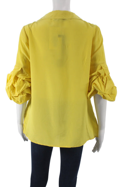 Badgley Mischka Women Silk Collared Button 3/4 Sleeve Blouse Yellow Size 4