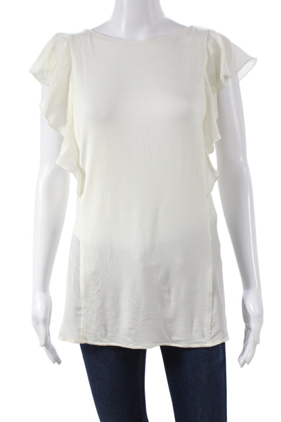 Badgley Mischka Women Silk Ivory Tunic Blouse Boat Neck Short Sleeve Size S