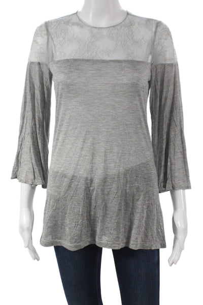 Badgley Mischka Women Tunic Blouse Gray Heathered Knit Lace Button Size S