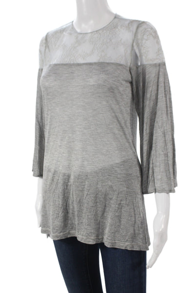 Badgley Mischka Women Tunic Blouse Gray Heathered Knit Lace Button Size S