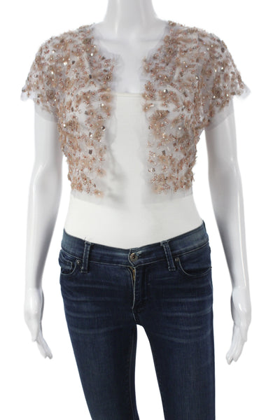 Badgley Mischka Women Basic Jacket Beige Tulle Floral Short Sleeve Size S
