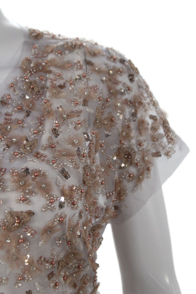 Badgley Mischka Women Basic Jacket Beige Tulle Floral Short Sleeve Size S
